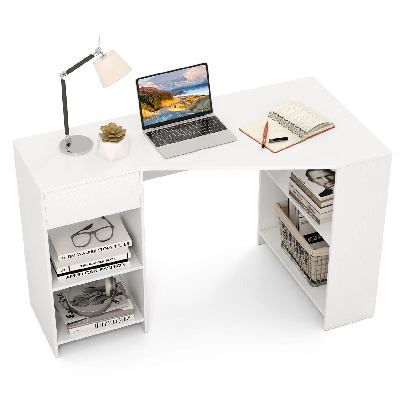 Costway L Shaped Computer Desk with Drawer & Storage Shelves for Home Office Workstation